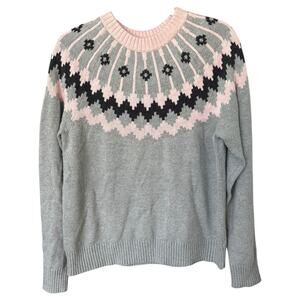 J.Crew Women's Gray + Pink Nordic Knit 100% Cotton Pullover Sweater Size Large